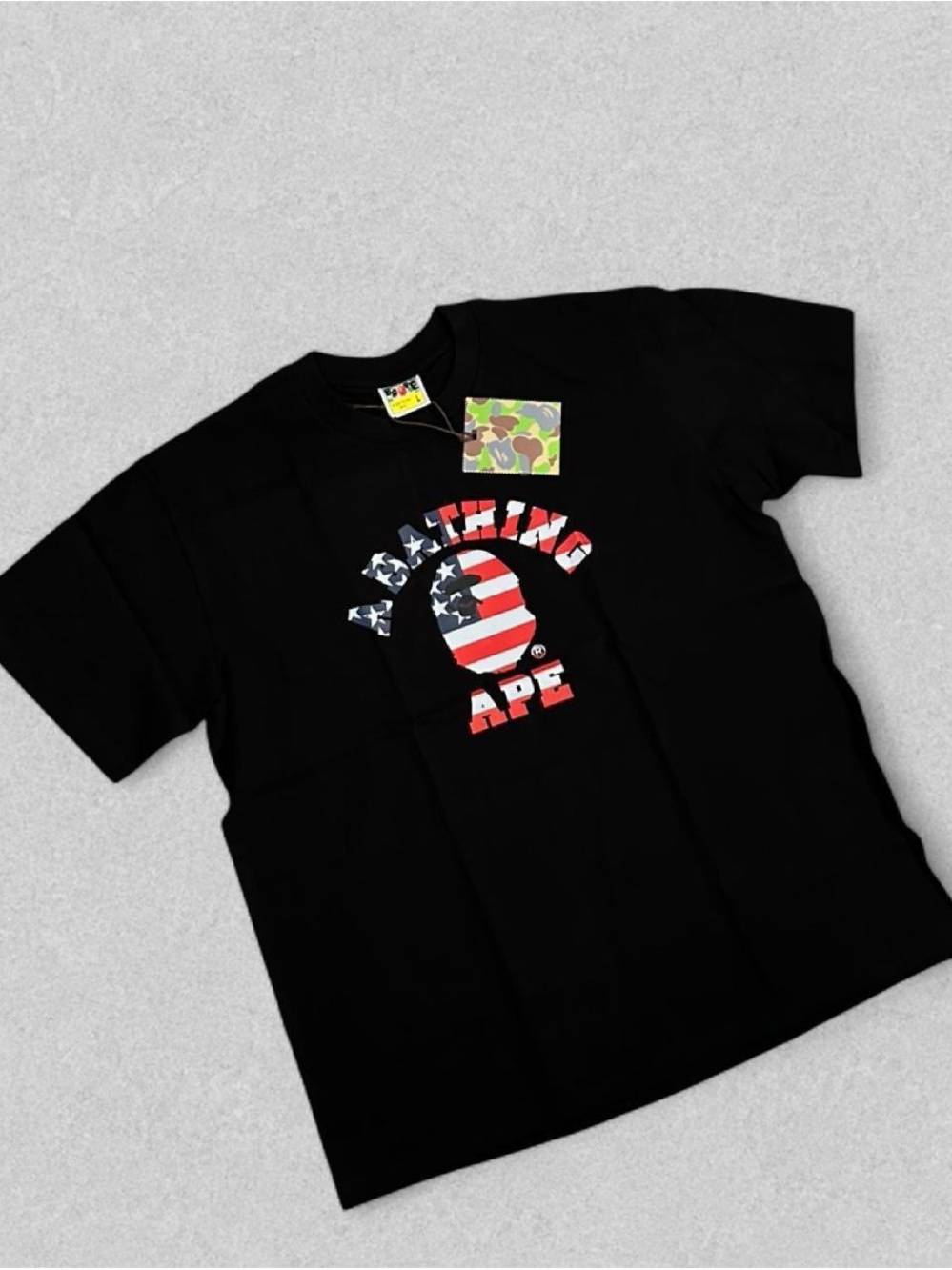Bape Black Short Sleeve Tee with USA Flag Logo